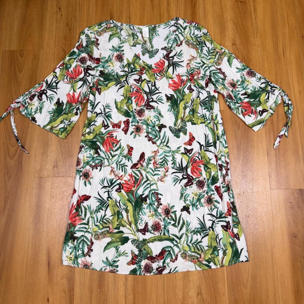 H&M Tropical Butterfly Floral V-Neck Shift Dress with Tie Bell Sleeves Size 12